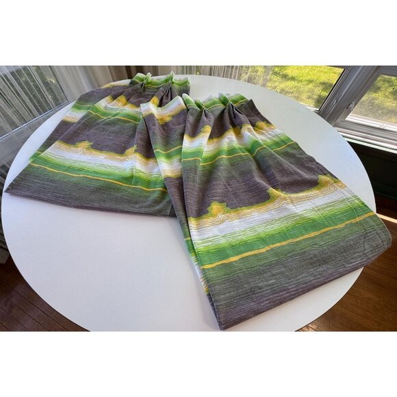 Vintage 70s curtain, green yellow, brown groovy stripes, pleated, per panel - Picture 1 of 10